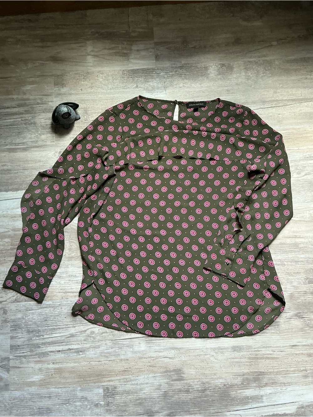 Banana Republic Olive Green Petite Blouse with Pink Dot Print